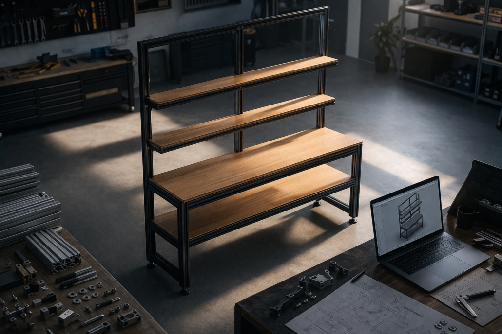 Modular T-slot aluminium workbench with shelving in industrial workshop environment